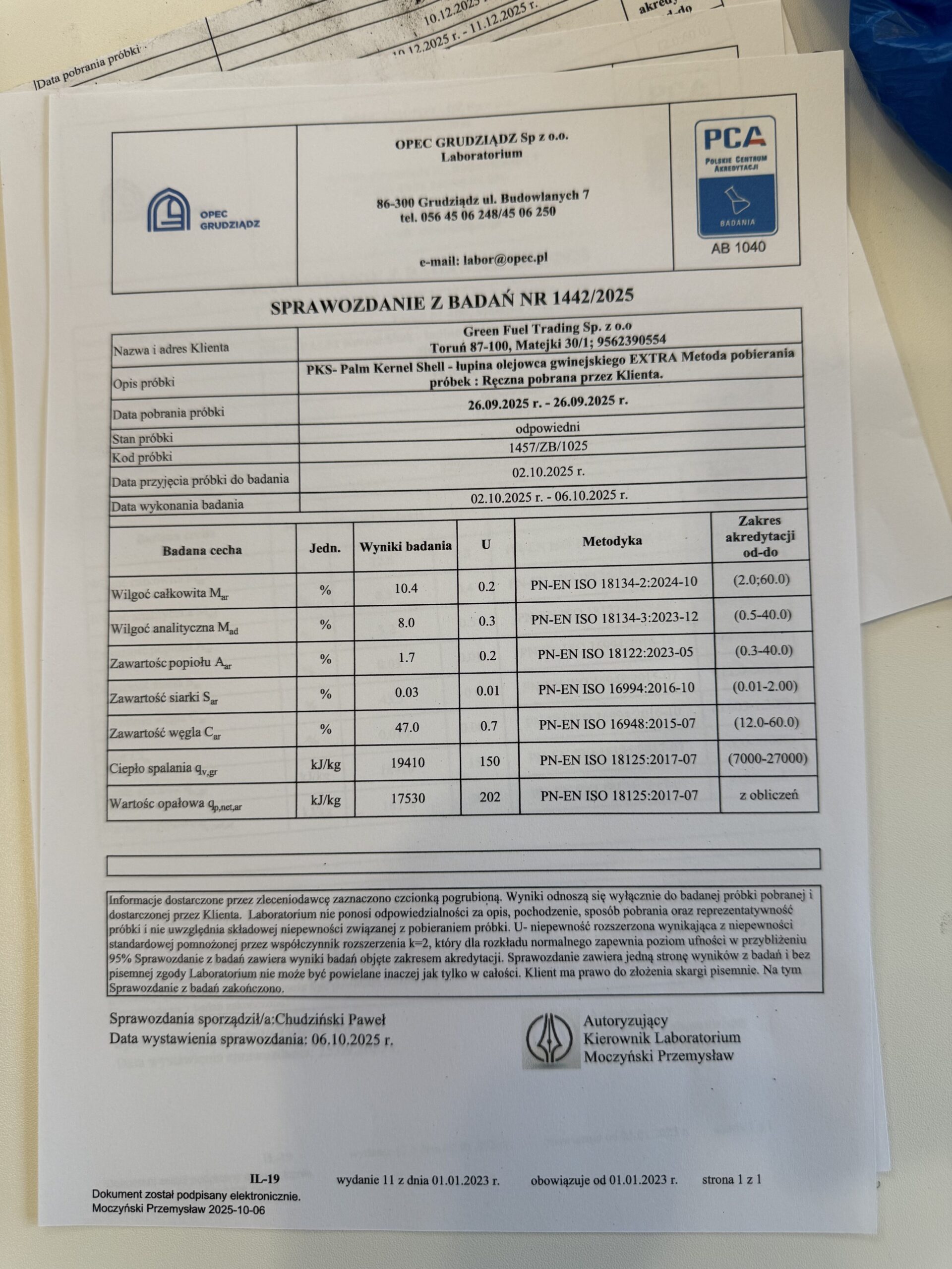 Sprawozdanie z badań parametrów fizykochemicznych PKS