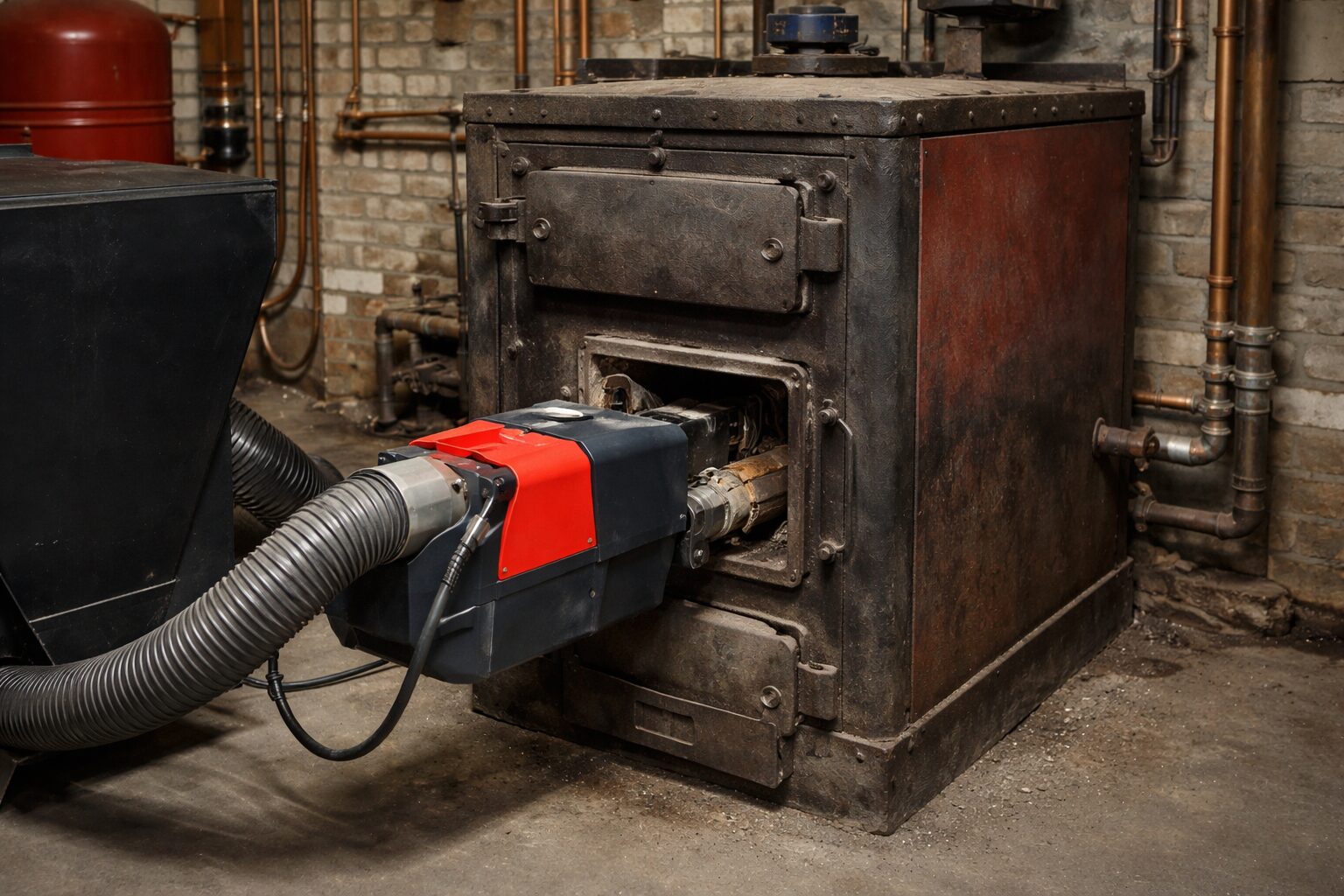 Stary kocioł węglowy z zamontowanym palnikiem na pellet