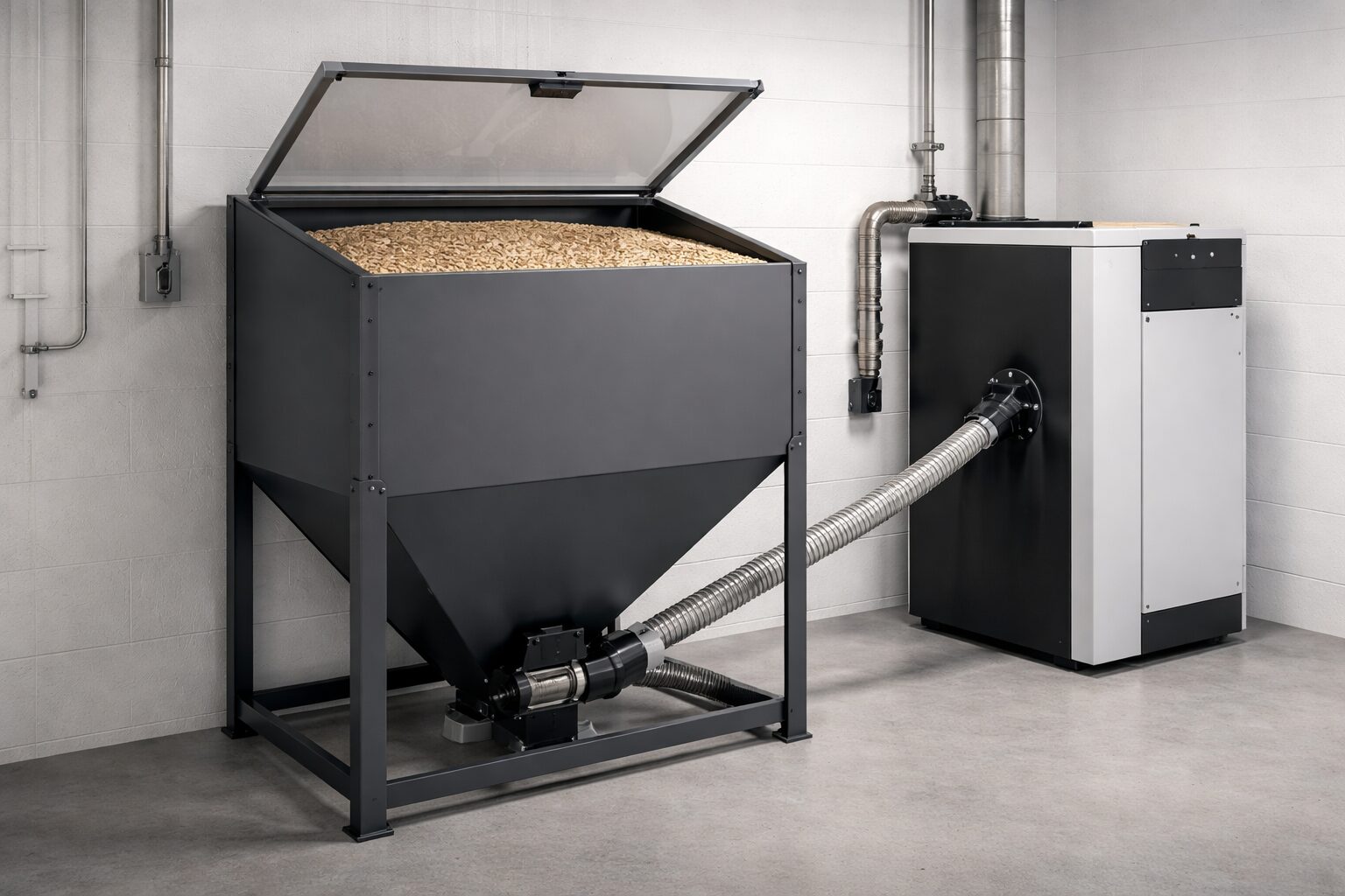 Zasobnik pelletu ze ślimakiem podajnikowym obok kotła grzewczego