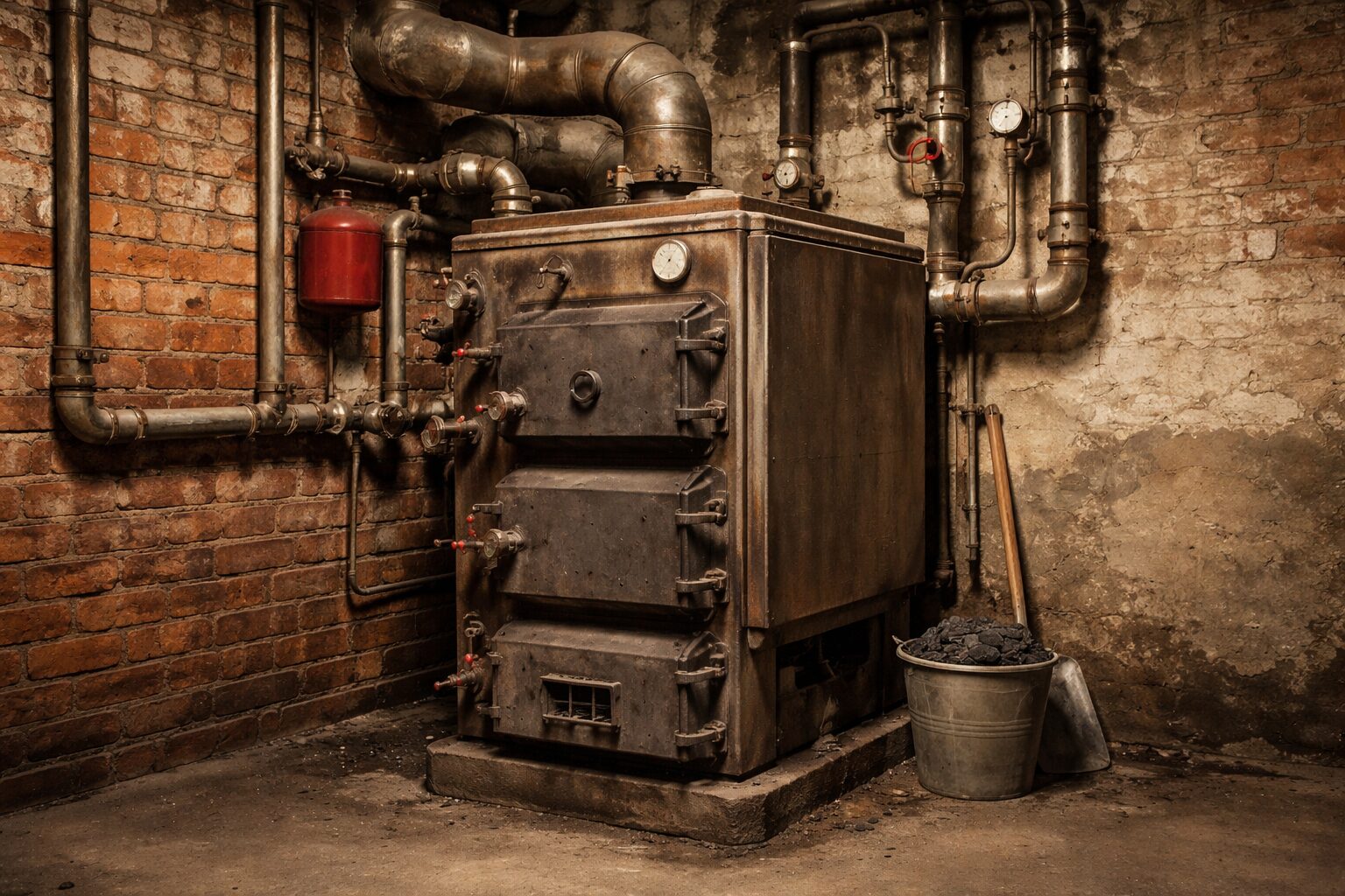 Żeliwny stary kocioł centralnego ogrzewania w kotłowni podczas inspekcji