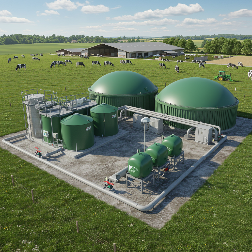 Mała biogazownia 50 kW przy fermie bydła — fermentory, agregat CHP i zbiornik digestatu