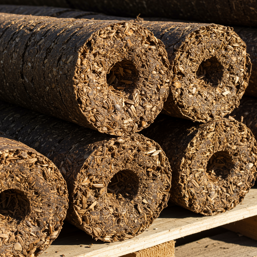 Cylindryczne brykiety z łuski słonecznika ułożone na palecie w magazynie