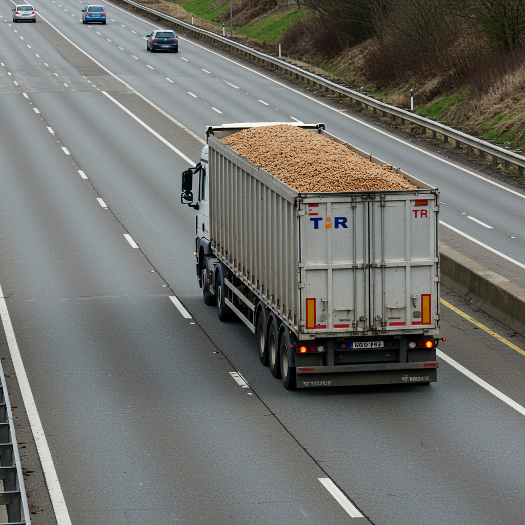 TIR z pelletem drzewnym ENplus A1 na autostradzie — eksport pelletu z Polski do Niemiec i Danii