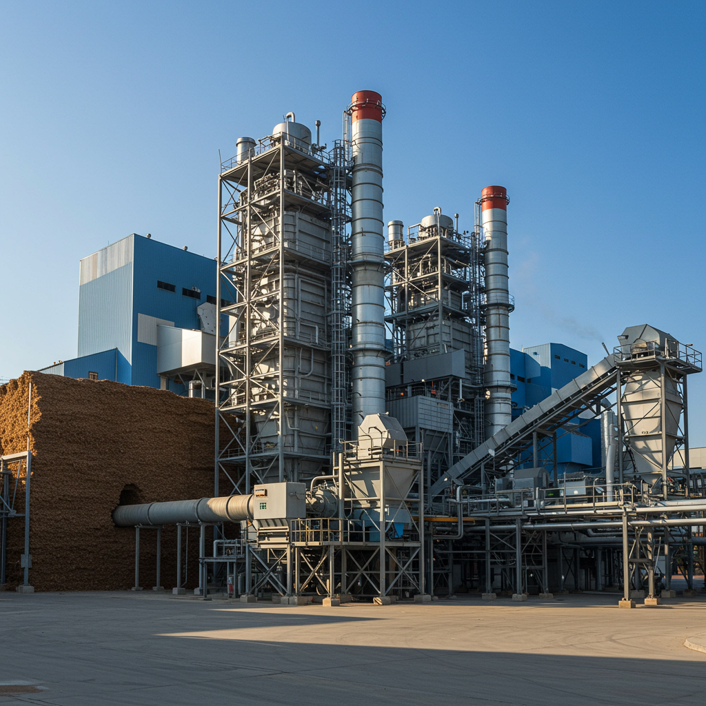Polska elektrociepłownia na biomasę drzewną — silosy na zrębki i hala kotłowni