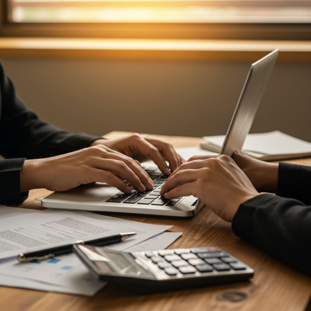 Osoba wypełniająca wniosek o dofinansowanie Czyste Powietrze na laptopie