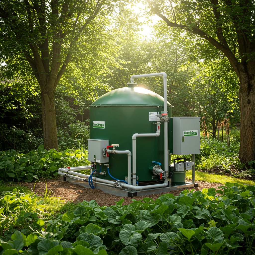 Domowa biogazownia HomeBiogas w ogrodzie domu jednorodzinnego z rurką biogazu do kuchni
