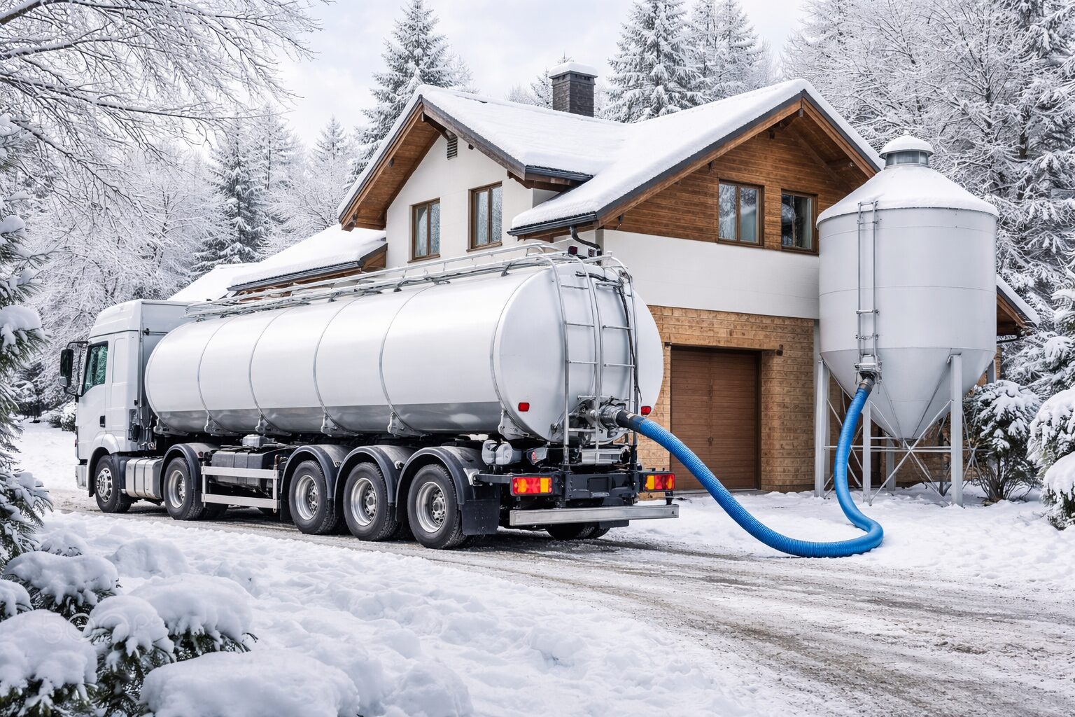 Autocysterna dostarczająca pellet drzewny luzem podczas zimy, śnieg na drodze