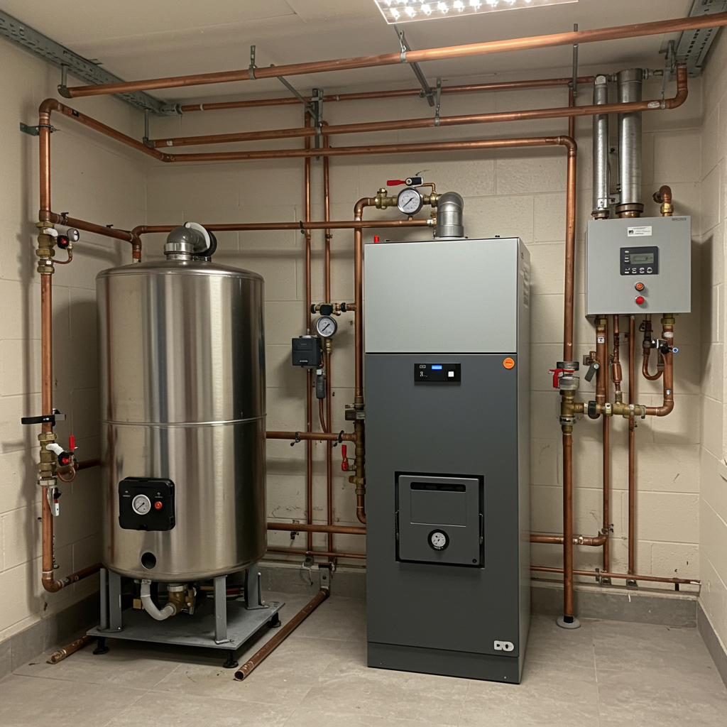 Schemat instalacji kotła pelletowego 10 kW z buforem ciepła 300 litrów w małej kotłowni