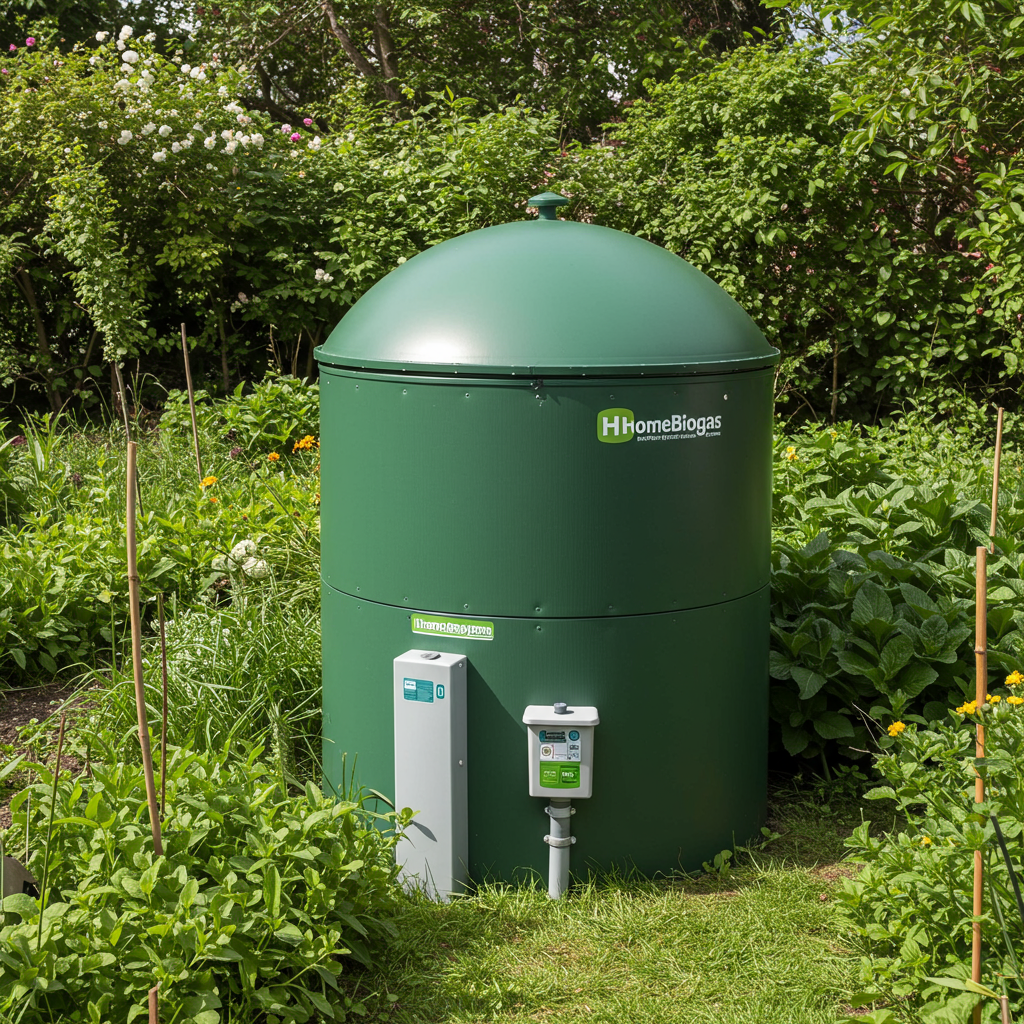 Mini biogazownia HomeBiogas w ogrodzie domu jednorodzinnego — kompaktowy fermentor przy kompostowniku