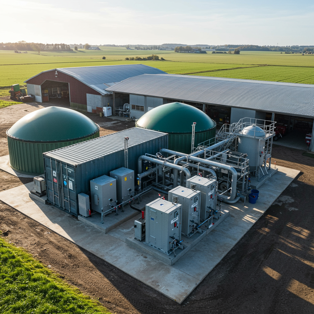 Kontenerowa mini biogazownia przy małej fermie — prefabrykowany moduł z CHP i fermentorem
