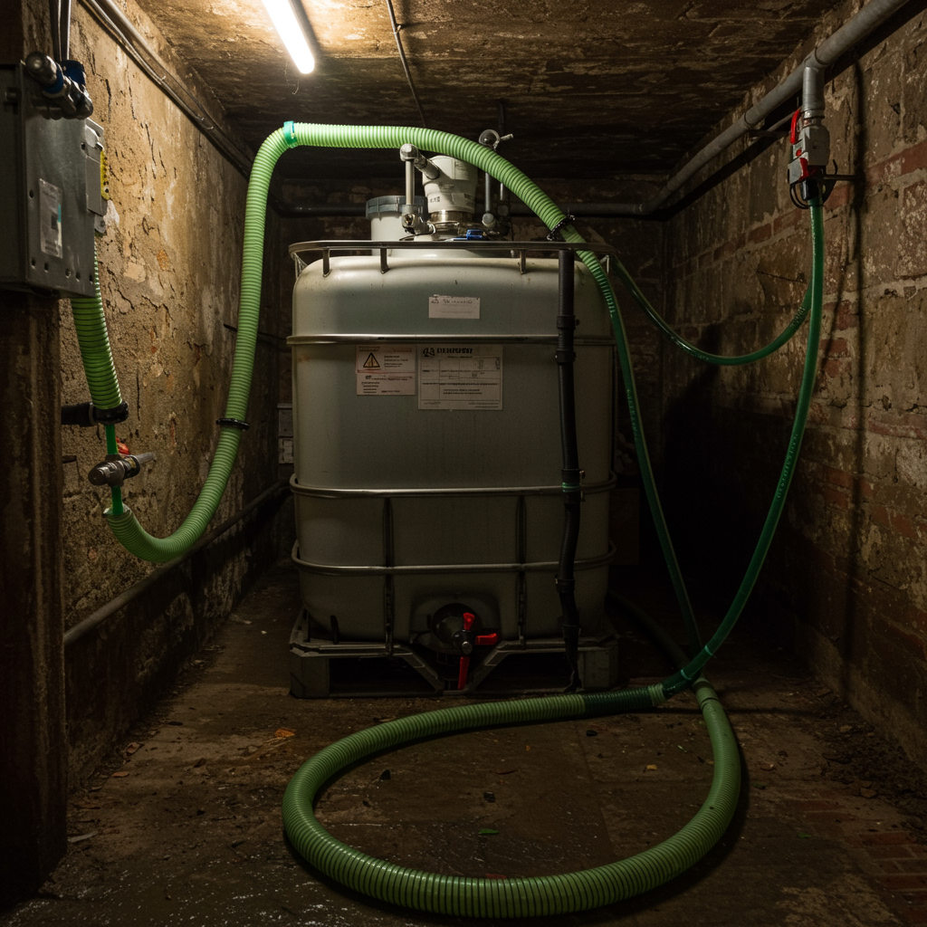 Fermentor DIY do biogazu z kontenera IBC 1000 litrów w piwnicy — przewody biogazu i termostat