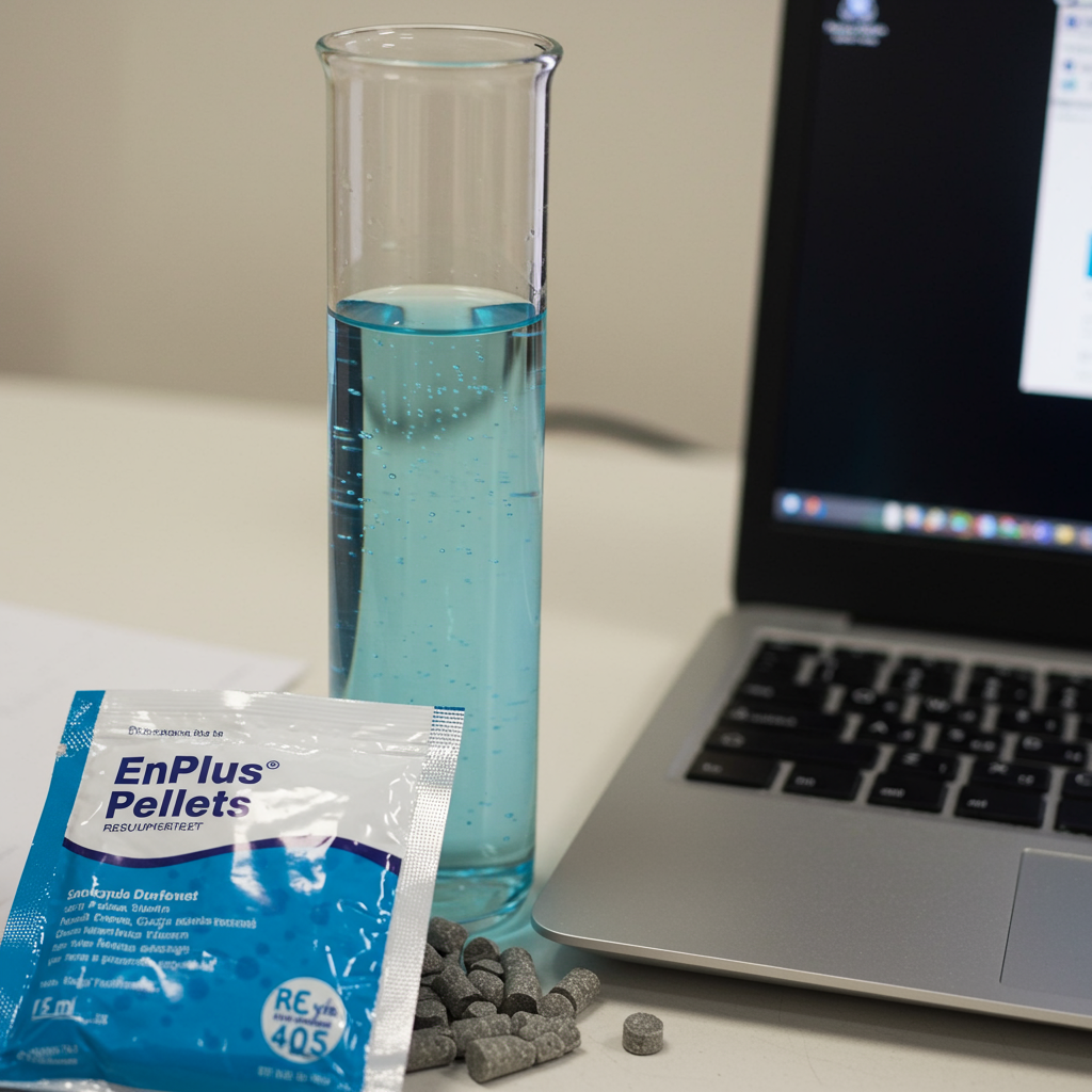 Test pelletu w wodzie obok laptopa z witryną enplus-pellets.eu — dwa narzędzia weryfikacji jakości