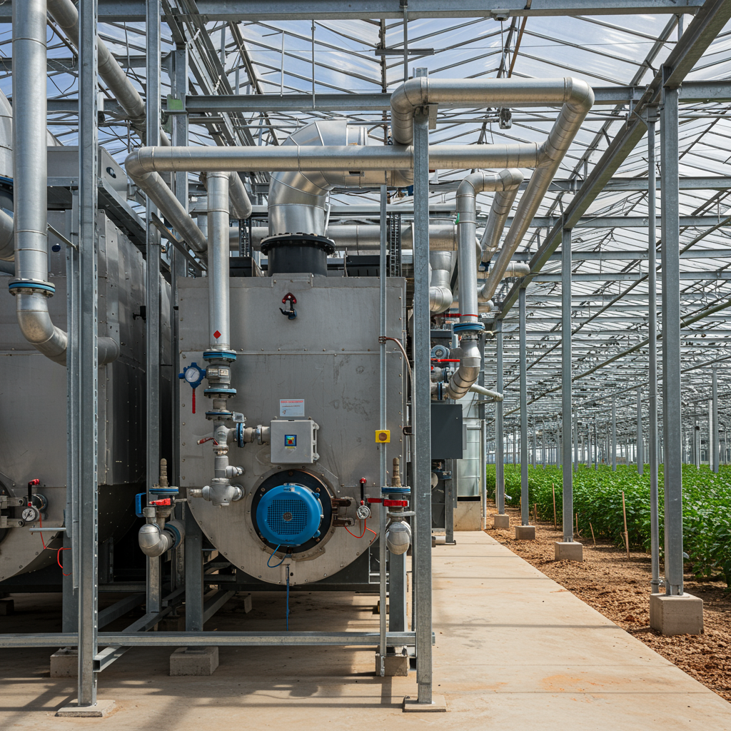 Wnętrze szklarni Venlo z widocznymi rurami grzewczymi przy gruncie i uprawami roślinnymi